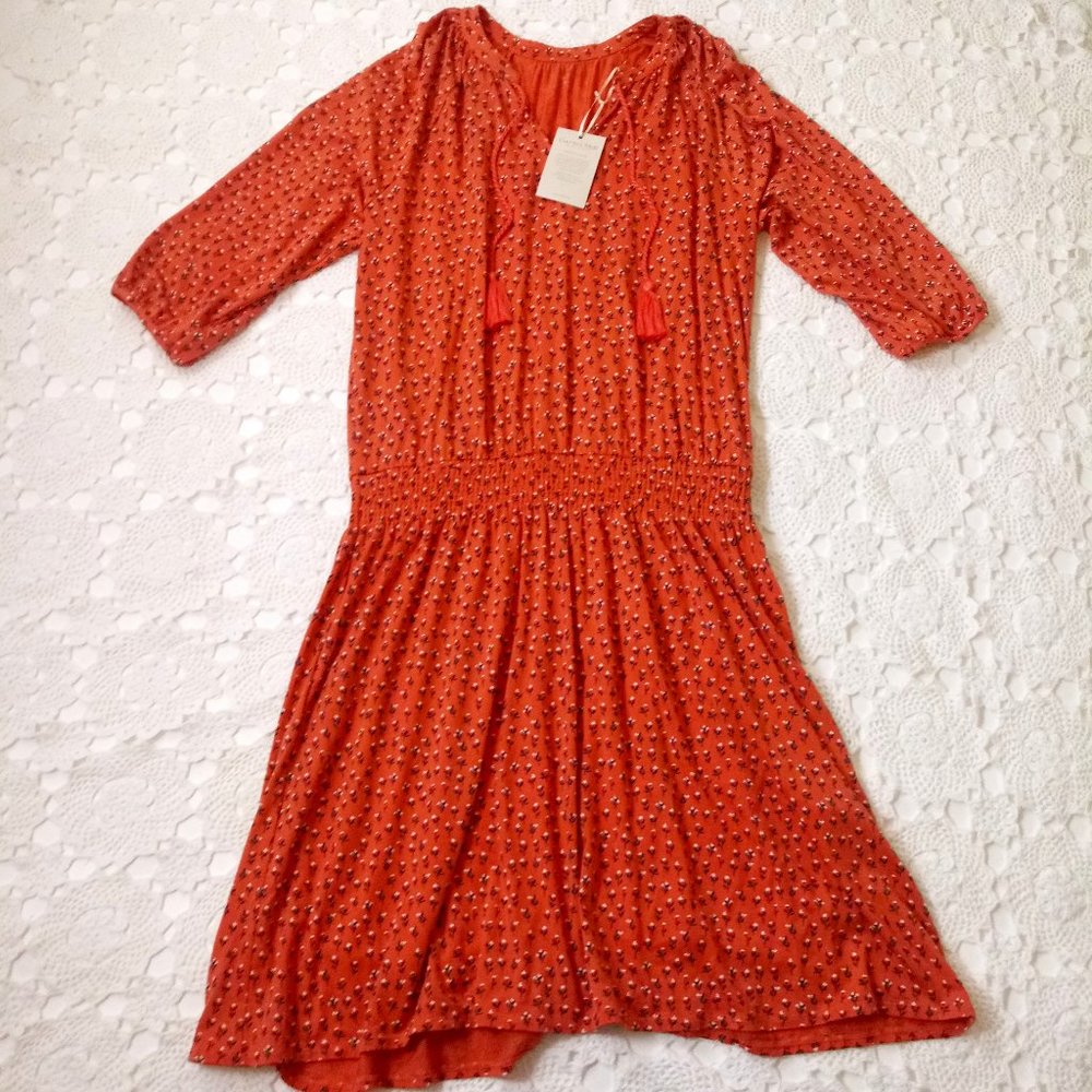 New Garnet Hill Midi Dress Orange Floral Knit Tassel Neck 3/4 Raglan XL Women - Picture 1 of 11